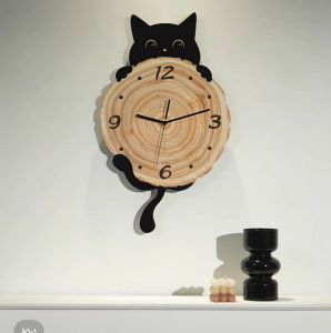 Cute Kitty Wood-Sculpted Pendulum Wall Clock for Home Decor