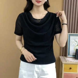 ทันสมัย ตาข่าย รัฟเฟิล ปกเสื้อ แขนสั้น เสื้อท่อนบน สําหรับผู้หญิงสีบริสุทธิ์ ฤดูใบไม้ผลิ เสื้อผ้าแม่สไตล์ใหม่ เรียบหรู พรางหุ่น เสื้อยืด