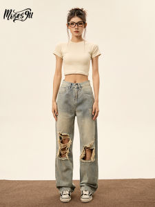 Mosesgu High Waist Summer Distressed Wide Leg Jeans Women Loose Fit Washed Slimming Concealing Straight Cut Denim Pants