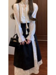 Elegant Chinese Style Shirt Skirt Set Comfortable Cotton Long Sleeve Polo Top mid Waist Long Skirt Autumn Fashion Womens Outfit