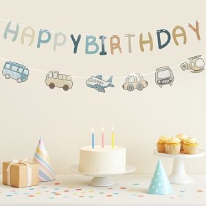 Transportation Theme Happy Birthday Banner Pastel Color Letter with Car Plane Bus Cutouts for Boys Kids Birthday Toddler Party