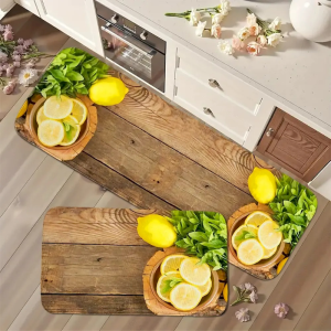 VIKAMA Wood Lemon Kitchen Rug SetNon Slip Oil Absorb Washable Anti Fatigue MatFarmhouse Entry Hall Decor Floor Carpet
