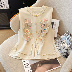 Fashionable Casual Embroidered New Chinese Style Vest Sleeveless Heavyweight Texture Diamond Embedded Linen Blend Polyester