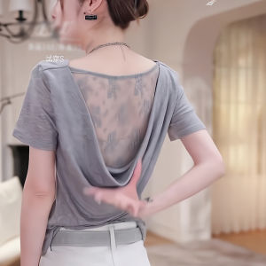 Gray Off-Shoulder Short-Sleeve Backless T-Shirt Womens Summer Fashion Slimming Design High-Quality Comfortable Head-Over-Heels Top