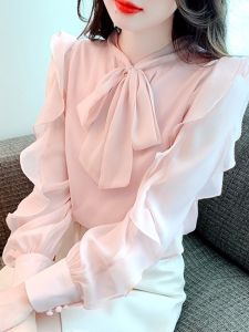 Sweet Butterfly Knot Long Sleeve Chiffon Top Womens Early Autumn Fashion French Style Lace Trim Mushroom Edge Slimming Top
