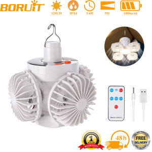 BORUiT Portable Camping Fan Solar USB Rechargeable LED Tent Light Foldable Hanging Outdoor Light with Fan for Hiking Camping