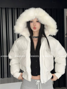 White Hooded Short Thickened down Jacket Womens Autumn Winter Cotton Coat Pilot Jacket Outerwear Stylish Commute Slim Fit