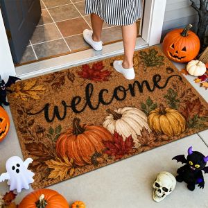 VIKAMA Vintage Fall Harvest Doormat Pumpkin Maple Leaf Washable Non‑Slip Indoor Outdoor Entrance Front Door Floor Mat Home Decor