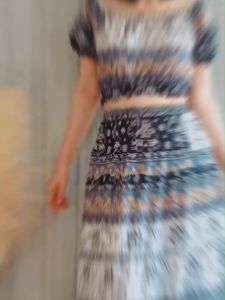 B22160  Set 2 ชิ้น เสื้อคอกว้าง ลายช้าง + กระโปรงยาว Set of 2 pieces: wide neck shirt elephant pattern + long skirt