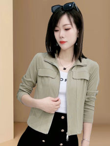 เสื้อแจ็คเก็ตสั้นคอปกปิดซิปสองชั้นแขนยาว แฟชั่นฤดูใบไม้ผลิและฤดูใบไม้ร่วง สำหรับผู้หญิง เสื้อคลุมกันหนาวแบบเปิดด้านหน้า