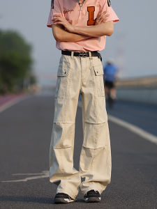 Quần Ống Rộng Phong Cách Công Sở Màu Đào Cho Nam 2025 Quần Dài Ống Đứng Xếp Ly Mới Phong Cách Mỹ Rộng Rãi Đa Năng