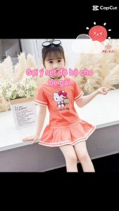 Set Bộ đồ Cho Bé Gái hình hello kitty  áo Tay Phồng mix Chân Váy Xếp Ly Xinh Xắn dễ thương Bộ váy cho bé gái đủ size chất cotton mặc mát vải cao cấp