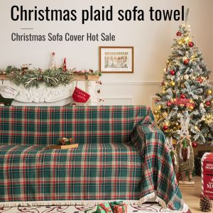 Red Green Grunge Tassel Full Cover Sofa Cover Christmas Towel