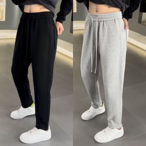 Mens Fleece Lined Thickened Sports Pants Grey Straight Leg Wide Leg Casual Trousers Trendy Solid Color Autumn Winter Wear