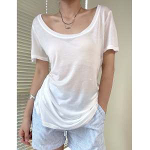 Loose Lightweight Short Sleeve U-Neck T-Shirt Womens Summer Outerwear Sun Protection Cover up Cotton Blend Casual Top