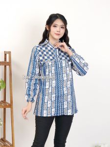 Atasan Batik Wanita Modern Kekinian Kerja Kantor Lengan Panjang 278 BT Biru oleh Batik Sansekerta.id