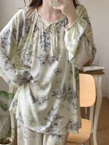 2024 ใหม่ ผู้หญิง ผ้าฝ้าย ผ้าไหม ชุดนอน แขนยาวเสื้อผ้าบ้านขนาดใหญ่outerwearชุดนอนชุดสองชิ้น ฤดูใบไม้ผลิ ฤดูร้อน