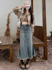 High Waist A-Line Mini Skirt Womens Denim Skirt with Frayed Hem Retro American Style Slimming Skirt Casual Cotton Blend