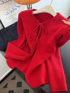 Christmas Red Knot Long Sleeve Knitted Sweater Womens Autumn Winter Design Slimming Top Commute Style Straight Cut Silk