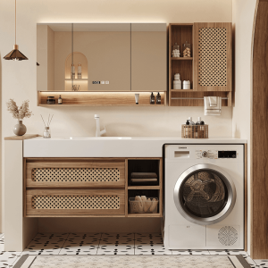 Balcony Washing Machine All-in-One Cabinet Rattan Woven Bathroom Cabinet Combination Modern Bathroom Stone Plate Washstand Wash Basin Pool