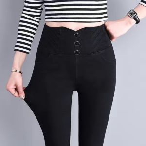 High Waist Fleece Lined Slimming Magic Black Pants Womens Base Layer Trousers Casual Long Pants Glue Stick Fiber Blend