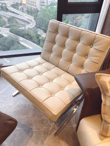 Italian Style Barcelona Chair Top Layer Cowhide Designer Sofa Single Person Couch Chair High End Leather Quality Metal Frame