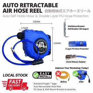 Air Hose Reel Auto Retractable 2 Layer 12mm PU Hose Quick Release Adaptor Ready Stock Malaysia