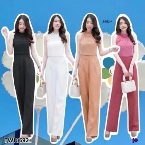 P18692 Jumpsuit จั้มสูทแขนกุด ตัดแต่งผ้าชีฟองด้านหน้าอก ..