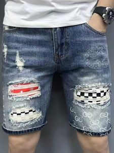 New 2024 Mens Denim Shorts Straight Leg High Elasticity Patchwork Print Trendy Brand Jeans Cotton Stretch Fabric Urban Style