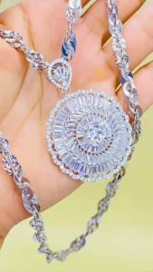 Dây chuyền bạc xi bạch kim nam nữ xoắn tròn chạm phối 7li Mặt dây chuyền bạc tròn baguet vip đẹp Vòng cổ bạc xi kim thiết kế thanh lich và đẳng cấp - KIM LỘC PHÁT DXT7L