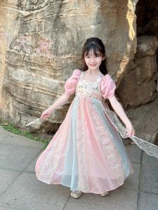 New Chinese Style Hanfu Girls Dress Summer Changan Princess Skirt Super Fairy Flower Spirit Baby Dress Childrens Traditional Costume
