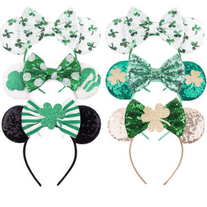 Disney | Cute St Patricks Day Mouse Ears Headband Sequins Clover 5"Bow Hairband Girls Featival Party DIY Hair Accessories Women Gift