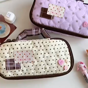 CuddleCove Love Heart Polka Dot Portable Pencil Case Cute Embroidery Large Capacity Student Stationery Bag