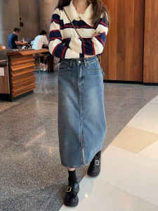 Fashionable Blue Denim A-Line Mini Skirt Womens High Waist Split Korean Style Long Skirts Spring Season Short Sleeve