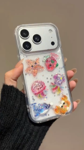3D Glitter Sea Animal Epoxy Drip Clear Acrylic Phone Case For iPhone 17 16 15 14 13 Pro Max
