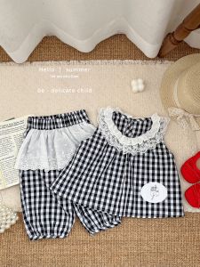 Bộ Đầm Caro Hè Cho Bé Gái Có Viền Ren Áo Dạ Mỏng Quần Dài Thoáng Khí