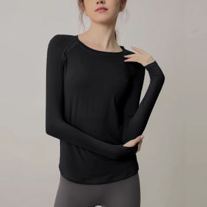 เสื้อโยคะแขนยาวสำหรับผู้หญิง ออกกำลังกาย วิ่ง ฟิตเนส แห้งเร็ว ระบายอากาศได้ดี เสื้อผ้าออกกำลังกายแบบสวมหัว ผ้าโพลีเอสเตอร์ ทรงเข้ารูป