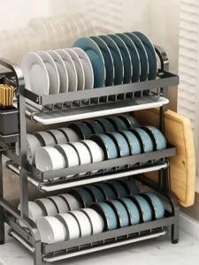 Three-Tier Stainless Steel Kitchen Storage Rack with Drainage System