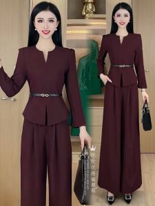 Elegant Slimming French Style Womens Fashion Set V-Neck Top Wide Leg Pants Two-Piece Suit Autumn Collection Comfortable Polyester