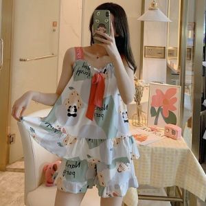 Summer Thin Strap Sleepwear Set Womens Korean Style Princess Outwear Home Clothes Sleepwear Short Pants Polyester Fiber