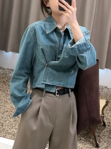 Spring New Retro Style Simple Versatile Womens Denim Shirt Universal Design Short Size 2025 Original Design Straight Tube Type