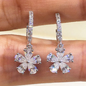 Huitan Sparkling Flower Dangle Earrings for Women Full Paved Crystal CZ Fashion Exquisite Neck Accessories Luxury Jewelry