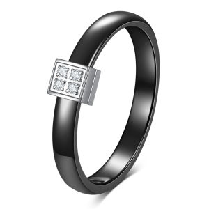Nhẫn Đôi Gốm Sứ Đen Trắng Tối Giản Hình Vuông Khảm Zircon Thép Không Gỉ Dành Cho Người Yêu Nhẫn Cưới