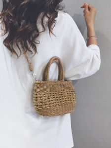 Retro Artistic Chinese Style Straw Woven Bucket Bag Womens Casual Crossbody Beach Sandals Small Bag Polyester Lining Washable