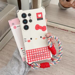 Samsung S25 Ultra Phone Case with Lanyard Checkered Pattern Protective Anti-Fall Four Corner Hanging Hole Design Cute Sweet Style
