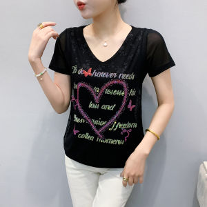 YIMEI Summer new product temperament pleated V-neck short sleeved top heavy-duty nail bead fashion bright black elastic mesh T-shirt 2025 new style