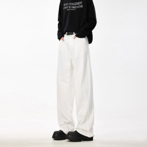 American Style Cleanfit White Knife Edge Mens Jeans Trendy High Street Drape Loose Straight Leg Wide Leg Long Trousers