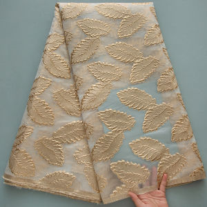 High-End French Gold-Trimmed Leaf Mesh Lace Fabric Nigerian Floral Embroidered Lace For Formal Wear & Upholstery S4592