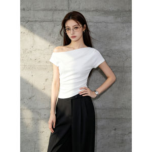 PIAOYA | Tailored Waist Asymmetric Shoulder Off-shoulder T-shirt