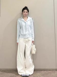 Korean Style Loose Blue Knitted Cardigan Sweater Womens Spring Autumn Naval Collar Comfortable Long Sleeve Cable Knit Top